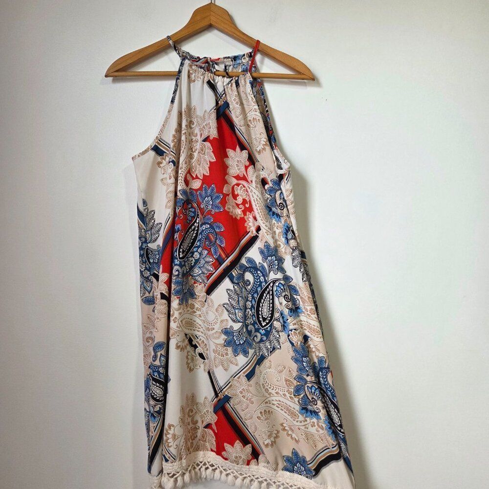 NEVER WORN SHEIN HALTER FRINGED BOHO PAISLEY HANKY SHORT DRESS SZ LARGE